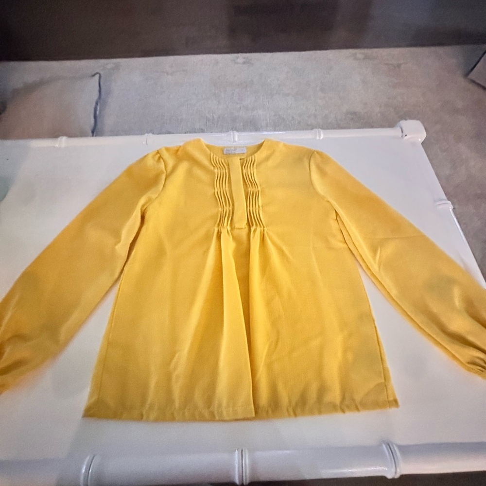 Yellow Long Sleeve Pleated Blouse with Mandarin Collar